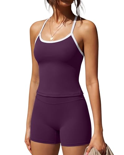 Image of SUUKSESS Women 2 Piece Workout Sets High Waisted Tummy Control Biker Shorts Halter Padded Tank Tops