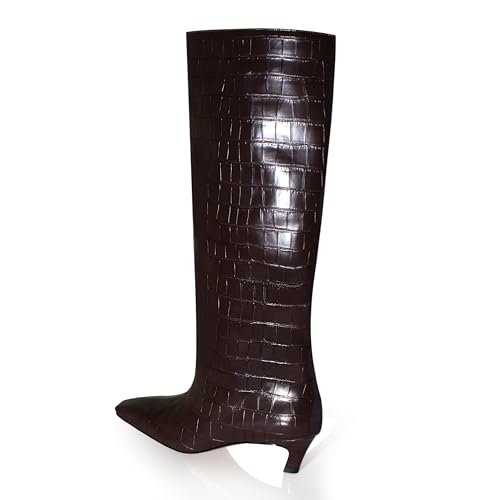 iadore Women's Western Knight Boots, Vegan Leather Crocodile Printed Square Toe Kitten Heel Wide Straight Shaft Knee High Boots 2 Inch2