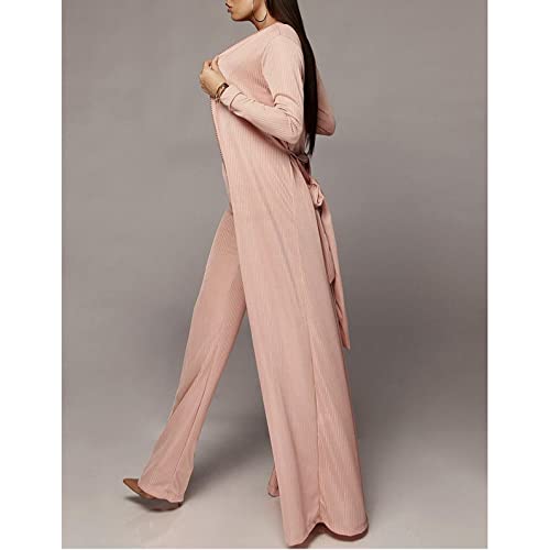 Image of Women's 2 Piece Outfits Set Ribbed Short Sleeve Casual Crop Top Wide Leg Pants Suit Set