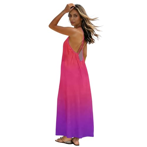 Robe longue pour la plage violette et rouge à fines bretelles et dos nu d'été