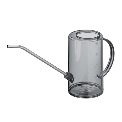 Relaxdays Gießkanne Zimmerpflanzen, 1 l, Kunststoff, Edelstahl, Blumengießkanne für Zimmerpflanzen, Langer Hals, grau