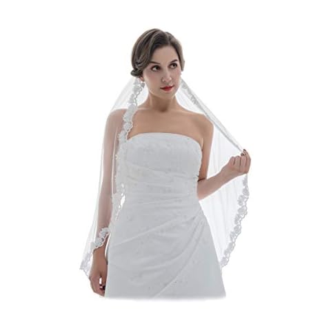 SAMKY 1T 1 Tier Floral Scallop Embroided Lace Pearl Veil - Light Ivory Fingertip Length 36" V471 Cover