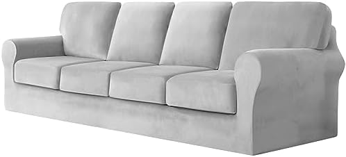 SYLC Sofa Cover with Separate Seat Cushions and Backrests Stretch Velvet Sofa Slipcover Couch Covers Furniture Protector Split Combined (Dark green,Large 4 Seat Set 7 PCS)