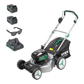 STIER Akku-Rasenmäher SRM-430 Twin-Power-System 2 x 2,5Ah, Schnittbreite 43 cm, 6-stufige Höhenverstellung 25-75 mm (2 Li-Ion Akku + Schnellladegerät 36V enthalten) + GRATIS STIER Sonnenbrille Cover