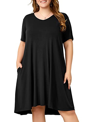 Image of OVERWORETY Womens Short Sleeve Plus Size T-Shirt Dress V Neck Casual Loose Swing A-Line Summer Tunic Dresses with Pockets