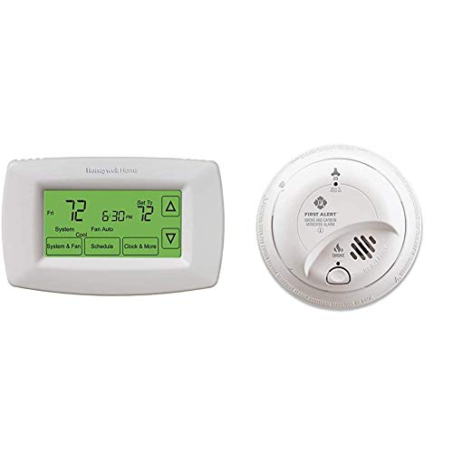 Honeywell Home RTH7600D 7-Day Programmable Touchscreen Thermostat, Small, White, 1-Pack & First Alert BRK SC9120B Hardwired Smoke Detector and Carbon Monoxide (CO) Detector with Battery Backup