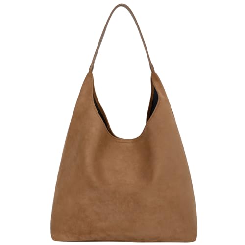 Suede Hobo Tote Bag for Women Stylish Slouchy Shoulder Bag Soft Leather Handbag Suede Purses for Work Everyday (Brown)