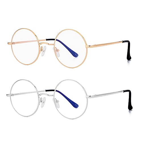 EYLRIM Round Blue Light Blocking Eye Glasses for Women Men Circle Clear Lens Metal Frame Eyeglasses Non Prescription(Gold+Silver)
