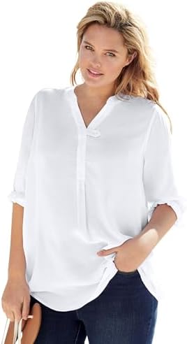 Woman Within Plus Size Rayon Three-Quarter Sleeve Effortless Tab-Front Blouse
