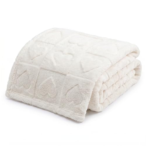 Americanflat 50x60 Jacquard Fleece Throw Blanket - Soft and Breathable Throw Blanket for Couch Bed Chair - Fleece Blankets Perfect for Home Bedroom or Outdoor Use - Heart Design in Cream