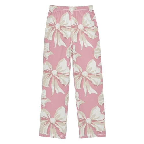 Pajama Bottoms, White Bows Pajamas Pant Sleep Long Pants Pink Lounge Wear Elastic Waist Sleepwear Pjs