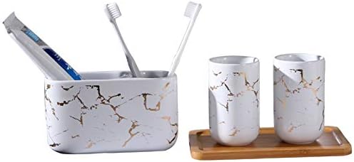 Bathroom Vanity countertop Set 4pcs Wash Set Imitation Marble Ceramic Bathroom Accessories Four-Piece Toilet Toothbrush Rack Bamboo Tray Suitable for Family Hotel Bathroom