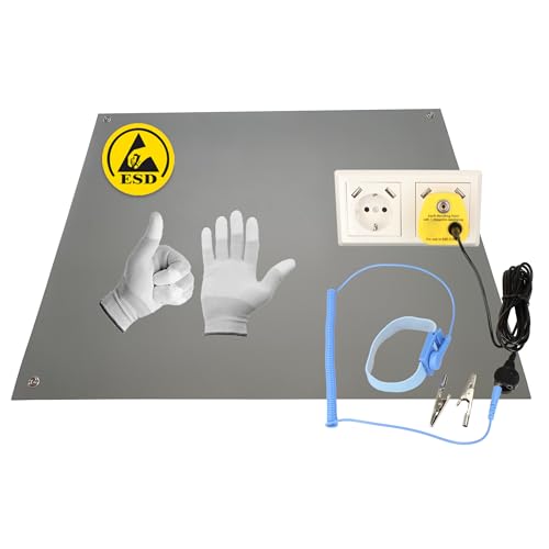 Minadax Tapis antistatique ESD professionnel 60 x 30cm + avec brassard + rallonge 2,4 m + fiche ESD - Protection ESD