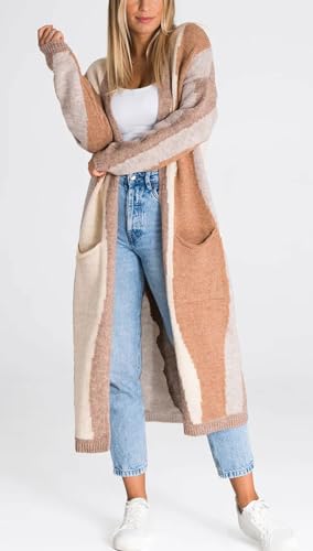 Image of chouyatou Women's Fall Open Front Color Block Long Cardigan Sweater Coat Casual Vertical Striped Coatigan