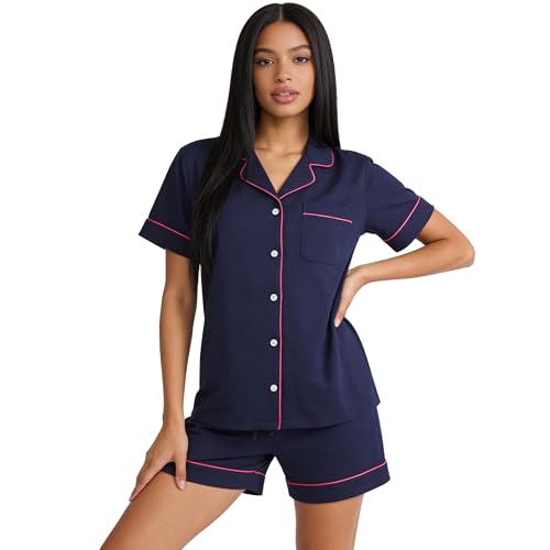 Image of HEARTNICE Pajamas for Women, Button Down Pajama Shorts Set Summer Solid Pjs Sets