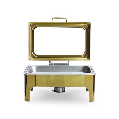 Image of Malabar Stainless Steel Chafing Dish with Transparent Lid, Rectangular Chafing Dish Set with Hydraulic Lid, Mirror Finished Buffet Food Warmer (Non Electric, 9 LTR - Gold)