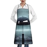 BLWSLC Paraguas negro bajo la lluvia. Un delantal estampado con dobladillo atado con bolsillos, perfecto para chefs, camareros, panaderos y manicuristas