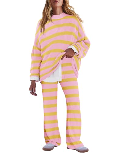 Image of LAMISSCHE Oversized Womens Lounge Set Striped Sweater Set Long Sleeve 2 Piece Pajama Set Top and Pants with Pockets