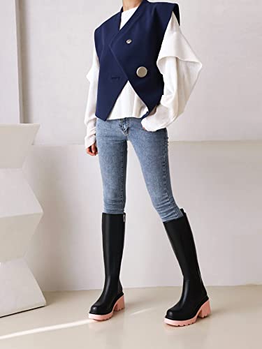 Vivianly Women's Elastic Panel Lugged Sole Knee Boots, Chunky High Heeled Boots Stretch Riding Boots With Round Toe And Side Zipper Size 7 Pink #TOP6