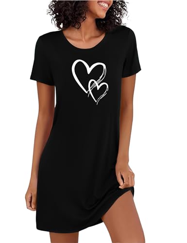 Marvmys Chemises De Nuit Femme en Coton Robe De Nuit à Manches Courtes Vêtement De Nuit à Col Rond Imprimé Cœur S-4XL