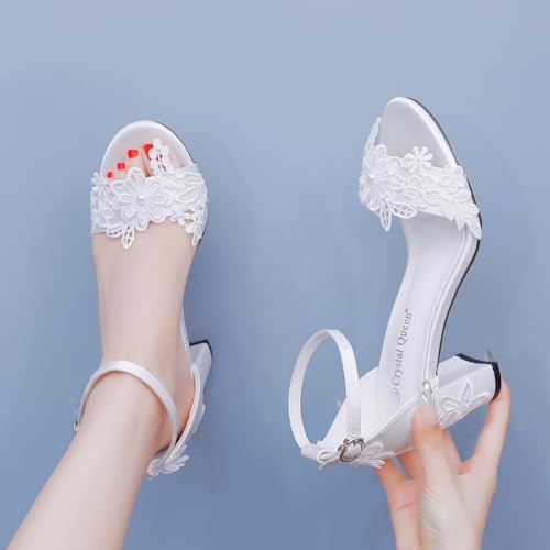 White Bridal Shoes Open Toe Mid Block Heel Sandals Lace Flower Satin Ankle Strap Comfortable Wedding Dress Shoes Sandals Women Chunky Heel Sandals4