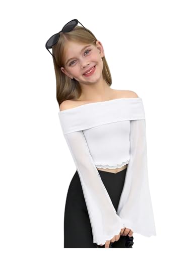RoseSeek Girl's Mesh Sheer Long Bell Sleeve Clothes Crop Top White