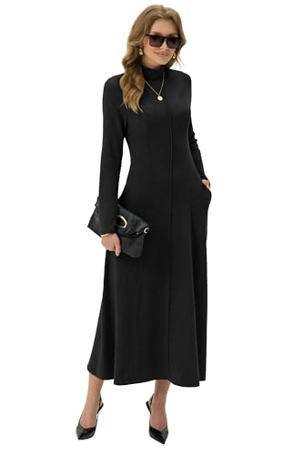 GRECERELLE Women's 2025 Fall Winter Casual Mock Neck Long Sleeve Flared Maxi Sweater Dress with Pockets (XS - 3XL)