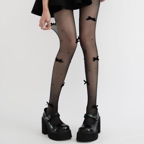 Image of Black Sheer Tights Y2K High Waist Pantyhose with Bows Patterned Stockings for Women
