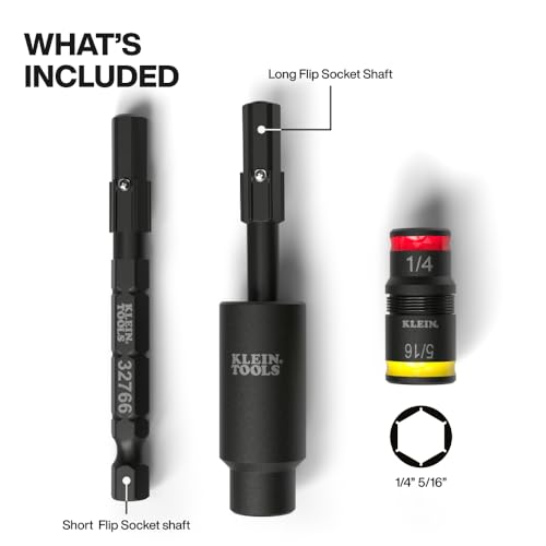 Image of Klein Tools 32982 Impact Flip Socket Set with Swivel Adapter, 3-Piece, 25-Degree Swivel Head, 1 /4 and 5 /16-Inch Flip Socket, Impact-Rated