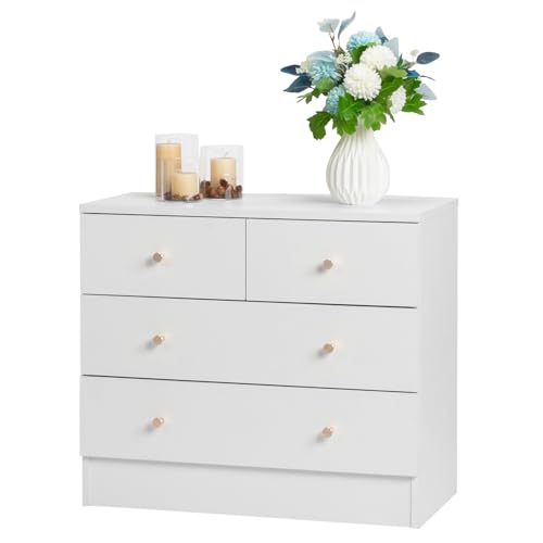 LEADZM Kommode Schlafzimmer Kommode mit 4 Schubladen, für Wohnzimmer, Schlafzimmer, Flur, Schrank, Sideboard, Highboard, viel Stauraum,Weiß