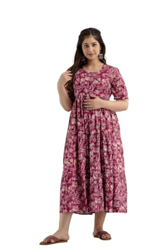Image of Women's Rayon Anarkali Maternity Ankle Length Dress, Pregnancy Dress,Feeding Kurti,Easy Brest Feeding Dress, with Both Side 9 inch Zipper and Belt