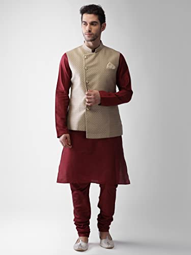 Image of KISAH Men's Cream Jacquard Silk Blend Nehru Jacket- Traditional Indian Waistcoat for Weddings & Royal Parties