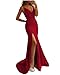 Mermaid Satin Prom Dress Spaghetti Straps for Women, V Neck Long Evening Dress Sleeveless Formal Dress High Slit Silver