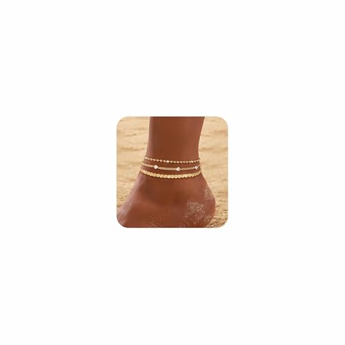 ZNBOH Fußkettchen für Damen Silber 925 Gold 18 Karat Vergoldet Zirkonia Fußkette Wasserfest Verstellbar Mehrlagige Fussketten Punktdesign Fußschmuck Sommer Strand Modeschmuck für Frauen Mädchen