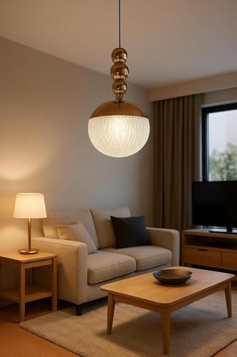 Image of Modern LED Globe Glass Textured Pendant Hanging Light with 3 Color Changing (White /Warm /Natural White) - Adjustable Hanging Ceiling Light for Bedroom, Living Room & Dining