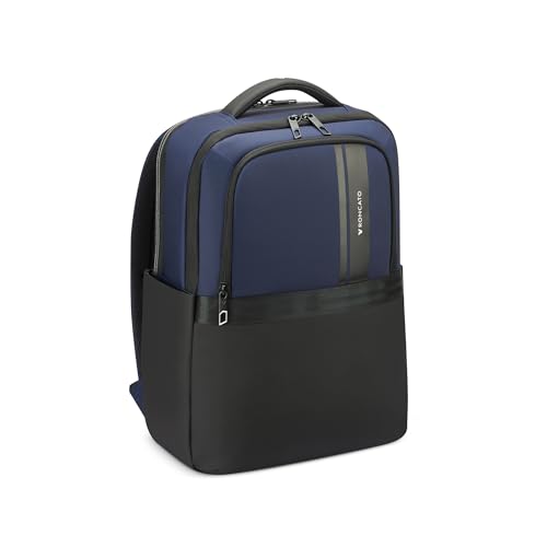 Zaino provisto di tasca dedicata imbottita per porta PC e tablet, schienale imbottito con fascia per fissare lo zaino ai tubi del trolley e tasca frontale.