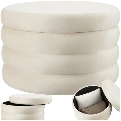 tectake® Hocker mit Stauraum, XL Scandi Sitzhocker Samt Stoff, Pouf, Polsterhocker rund für Schminktisch, Wohnzimmer Möbel, als Flur Möbel, Stauhocker Wohnen, Ø 67 x 42 cm - Samtoptik Creme-weiß tectake® Hocker mit Stauraum, XL Scandi Sitzhocker Samt Stoff, Pouf, Polsterhocker rund für Schminktisch, Wohnzimmer Möbel, als Flur Möbel, Stauhocker Wohnen, Ø 67 x 42 cm - Samtoptik Creme-weiß