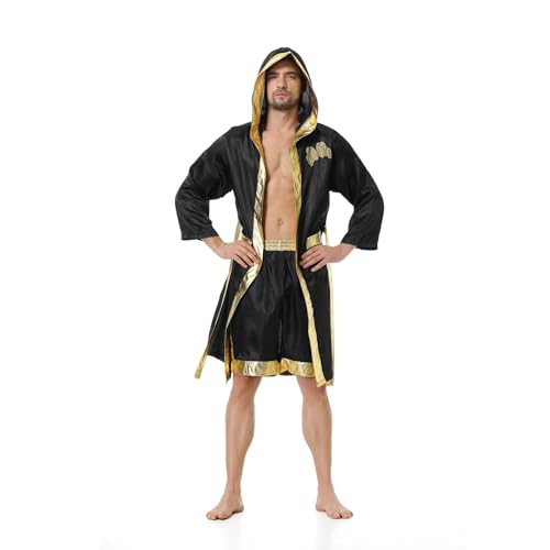 Colorful House Men'S Satin Black Boxing Robes Adult Hooded Boxing Costume With Shorts Set thumb #5