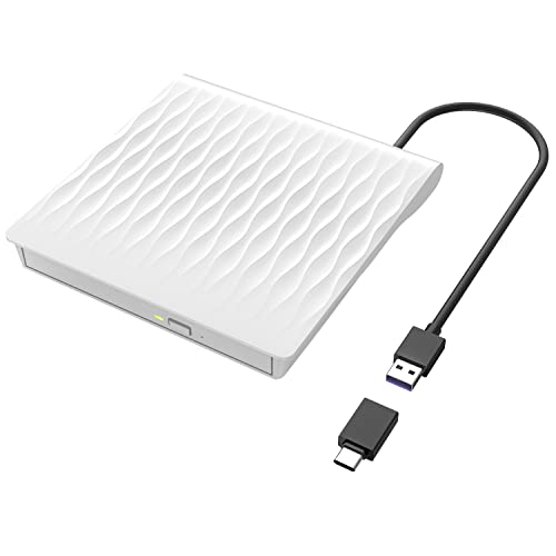 LPUNCD Unidad Externa de DVD/CD USB 3.0 & Tipo C, DVD Portátil CD/DVD +/ RW, Unidad de DVD Externa para Todos PC, Desktop, iMac, MacBook, Compatible con Win11/10/8/7/XP/Vista/Linux/MacOS, Blanco