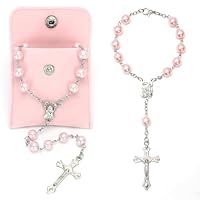 QMLING 2 Stück Rosenkranz Kette und Autorosenkranz, Rosenkranz Auto Katholisch mit Kreuz Marienbild, Rosary mit 2 Knopfbeuteln, Gebetskette Christlich für Gebete Geschenke (Rosa)