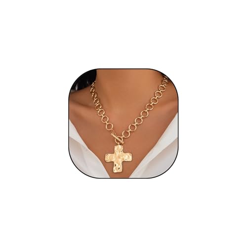 Chunky Gold Necklace Chunky Cross Necklace for Women Big Cross Statement Necklaces Trendy Toggle Necklaces Hammered Bold Vintage Jewelry