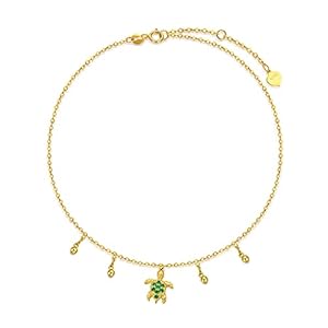SISGEM 14k Yellow Gold Sea Turtle Anklet for Women, Real Gold Bead Ankle Bracelet Jewelry Gifts for Animal Lovers, 9.4+0.8+0.8 Inch