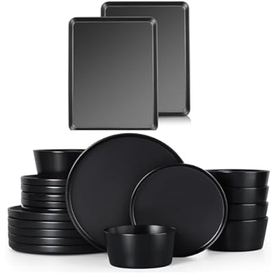 Herogo 18 Pieces Stoneware Dinnerware Sets for 6 with Baking Sheet Pan Set of 2, Dinner Plates and Bowls Set, Reactive Glaze Dishes Set for Kitchen, Microwave & Dishwasher Safe, Matte Black