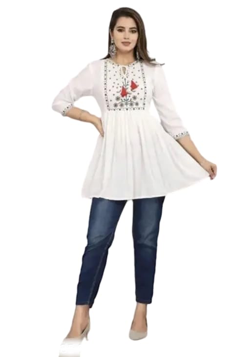 Shree Paplaj MATA Enterprises' Women's Casual Rayon Blend Floral V-Neck Stylish 3/4th Sleeves Peplum Short Kurti-image-5