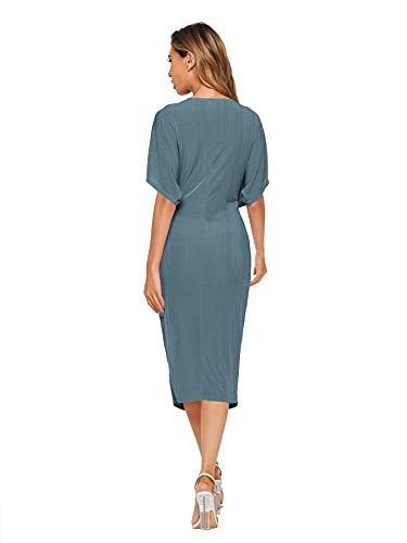 Floerns Women's Short Sleeve V Neck Twist Front Split Midi Dress Dusty Blue M #TOP1