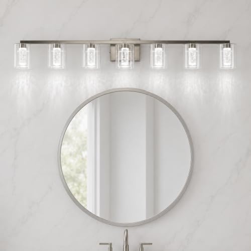 Image of 7-Light LED Vanity Light Fixtures for Bathroom,Electroplated Nickel | Bathroom Light Fixtures Over Mirror, 3 Color Lighting, Crystal Bubble Glass & Clear Glass Shade, Modern Vanity Light