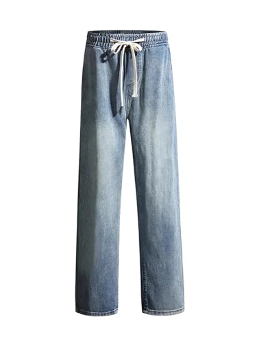 Mens Jeans Spring Summer Semi-Wide Leg Washed Casual Straight Denim Pants Comfortable Fashion