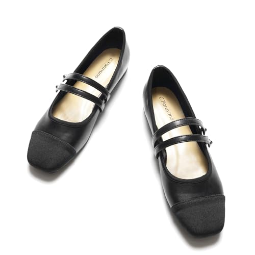 C.Paravano Womens Mary Jane Flats Closed Square Toe Mary Jane Shoes for Women Double Strap Dressy Work Shoes Slip on Ballet Flats Mary Janes for Casual Wedding