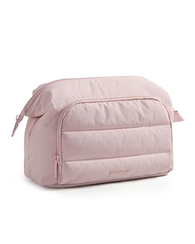 BAGSMART Makeup Bag Travel Toiletry Bag, Puffy Padded Make Up Bags for Women, Makeup Organizer Wide-open Pouch Purse, Travel Essentials for Toiletries Accessories Brushes, Pink