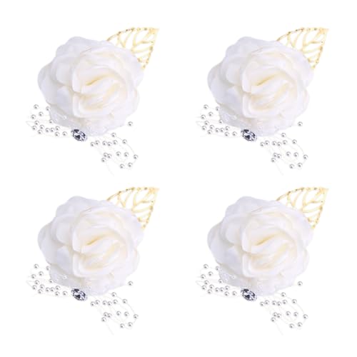 SAIIURV 4 peças banda de boneca floral para mulheres meninas, rosas brancas noiva buquê de boneca de casamento pulseiras dama de honra de mão acessórios de flores de casamento para festa de dança